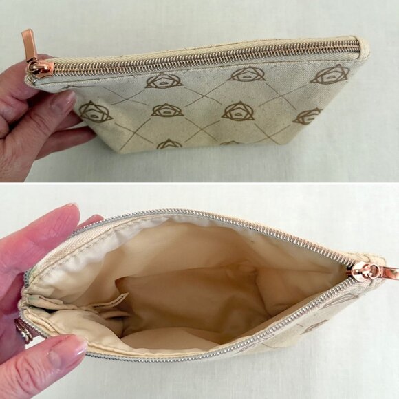 Small Beige Canvas Printed Pouch Cosmetic Bag 6x4x2 Inches Rose Gold Zipper - Picture 3 of 11